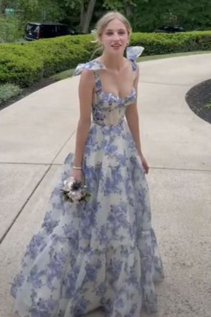 Royal Blue Floral Printed Satin Backless Prom Dress